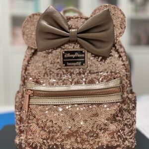Loungefly Minnie Bow Bronze Sequin  Mini Backpack NWT